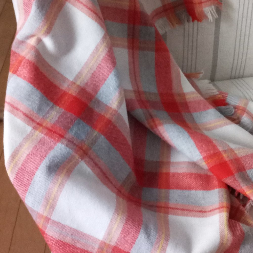 Plaid Throw Large Size L66" X W 53" Cream/Orange/Pale Grey/Yellow